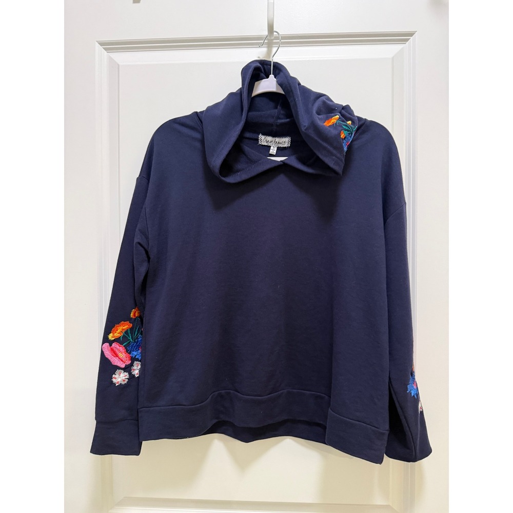 Crave Fame Navy Blue Floral Embroidered Hoodie Sweatshirt Womens Medium Boho